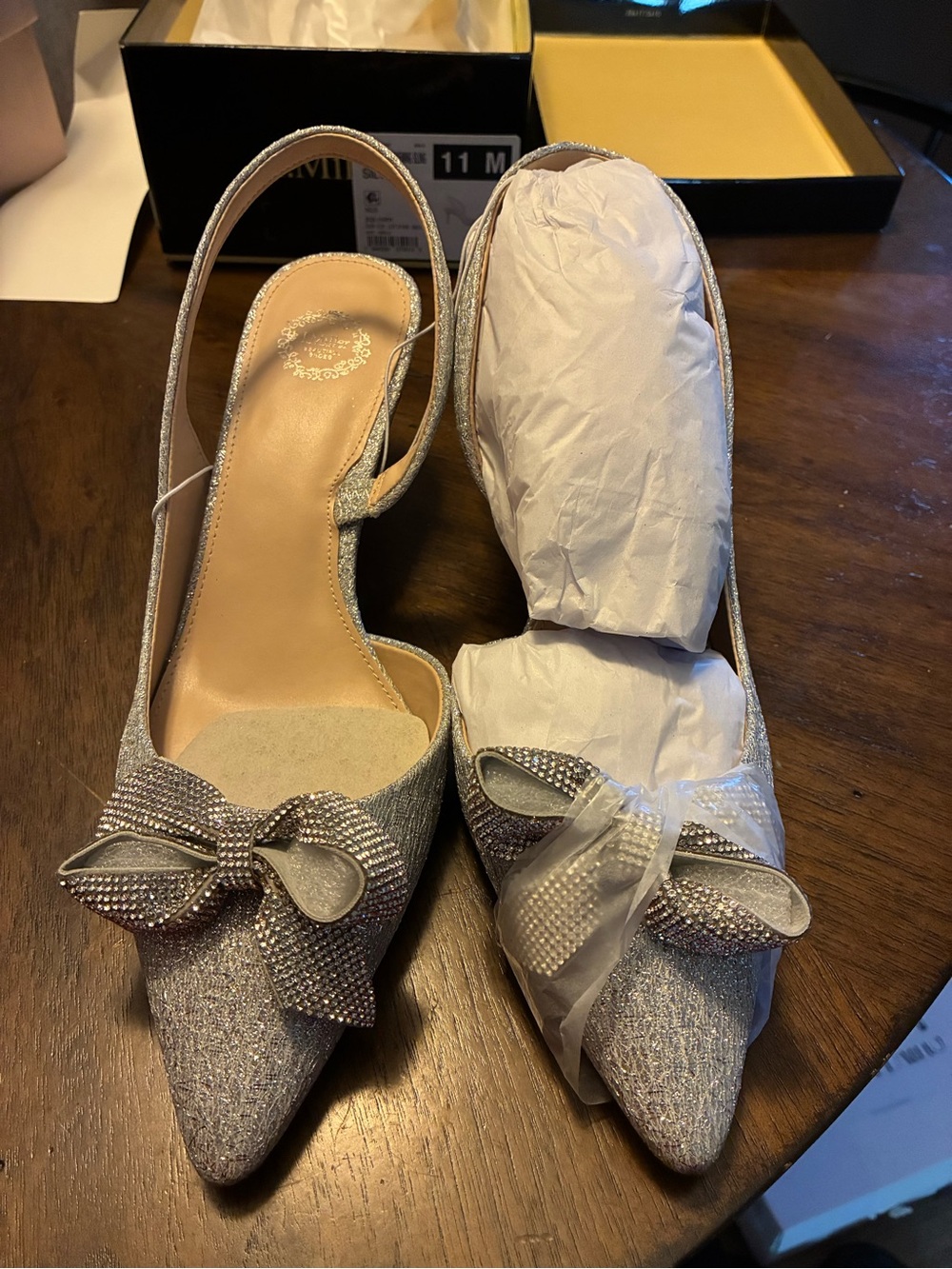 Silver Rhinestone Bow Slingback Heels Size 11 New w/ Box Elegant Evening Pumps